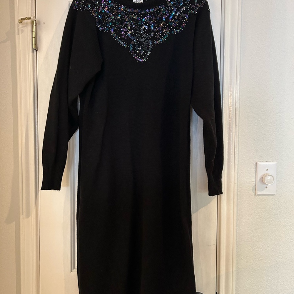 Chic Black Long Sleeve Dress with Beaded Detail